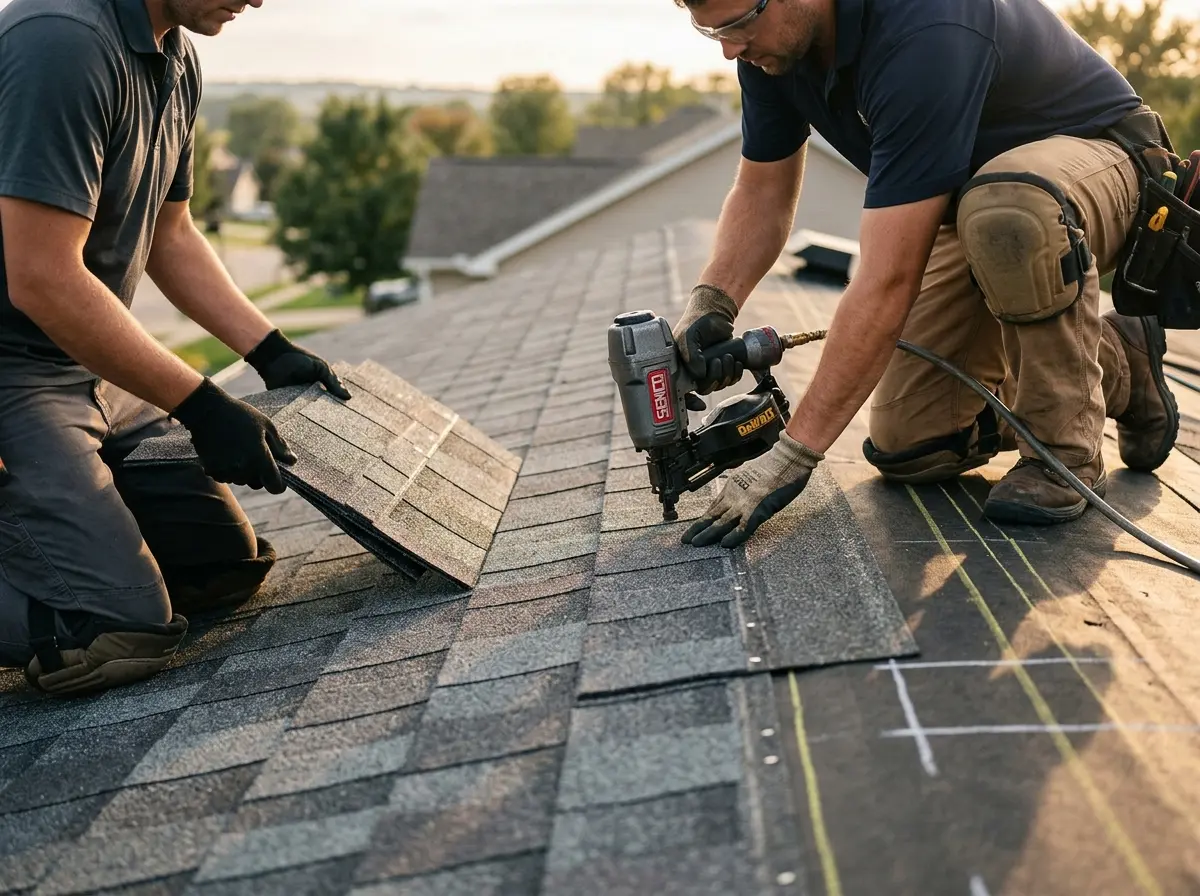 Professional roofer working on a residential roof in West Warwick